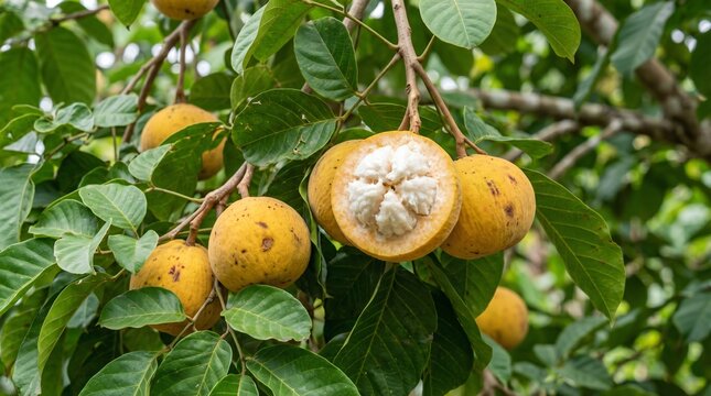 Santol (Sandoricum koetjape) on a tree, its pulp opening to reveal its essence.