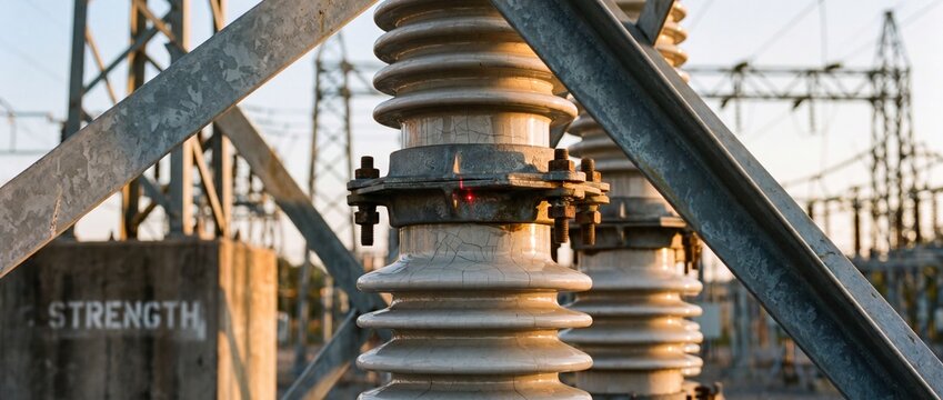 High voltage ceramic insulator close up view at electrical substation power plant during sunset, showing industrial metal structure grid infrastructure with strength concept.