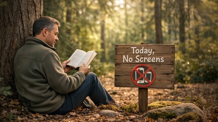 Fototapeta premium Man reading book in forest next to no screens sign, digital detox and unplugged lifestyle concept, conscious break from technology, mindful rest and slow living in nature