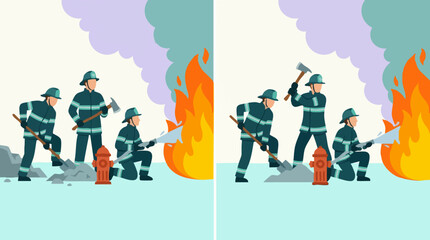 Firefighters battling a blaze using a hose, axe, and shovel © Vision Plus Studio
