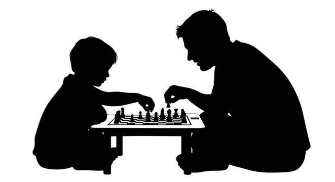 Happy Father's Day Silhouette of man and boy playing chess, black silhouettes, family leisure activity, indoor game isolated on White Background vector