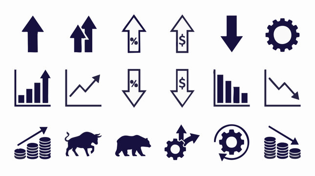 Financial and Business Icons Set with Growth and Decline Trends