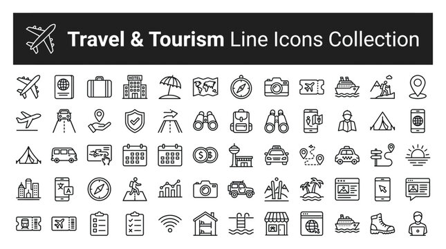 Travel and tourism line icons collection, set of thin line icons for travel agency, vacation, trip, transport, hotel, adventure and tourism