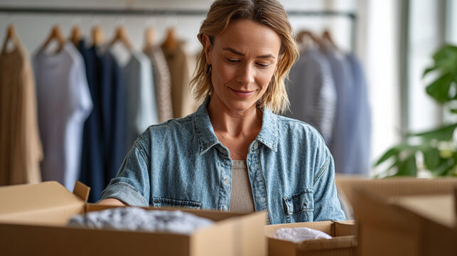 Woman packing clothing boxes in small boutique behind rack