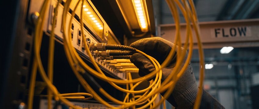Network technician connecting fiber optic cables into server rack patch panel in data center room. Gloved hand plugs yellow ethernet wire. IT infrastructure system, computer hardware maintenance job.