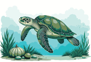A majestic sea turtle glides through clear blue ocean water, its shell intricately patterned, surrounded by lush green seaweed and smooth pebbles on the seabed, with a dreamy, cloudy sky above. © DesignINKZ