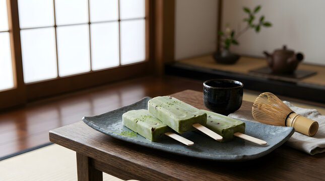 Japanese matcha flavored popsicles on a platter accompanied by whisk and cup inside a Zen house. Perfect summer food ideas with a unique flavor