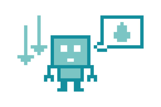 Cute pixel sad tried error robot toy character with 8-bit retro gaming cyborg cartoon.