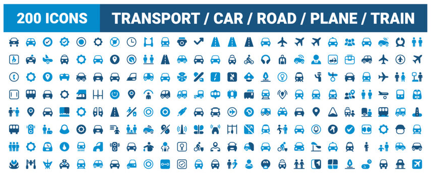 Large set of two hundred transport car road plane and train travel vector icons
