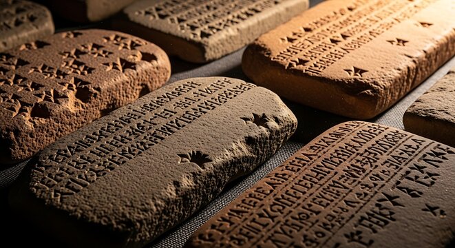 Ancient clay tablets with cuneiform writing on display.