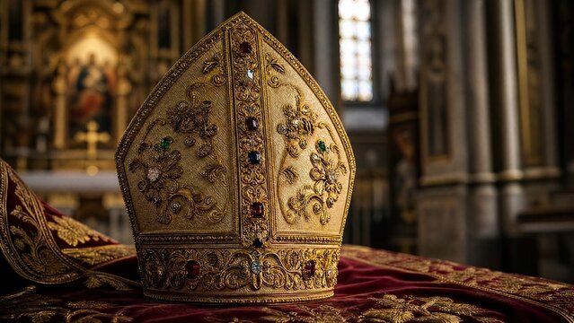 Ornate golden bishop's mitre with gemstones on velvet in cathedral light.