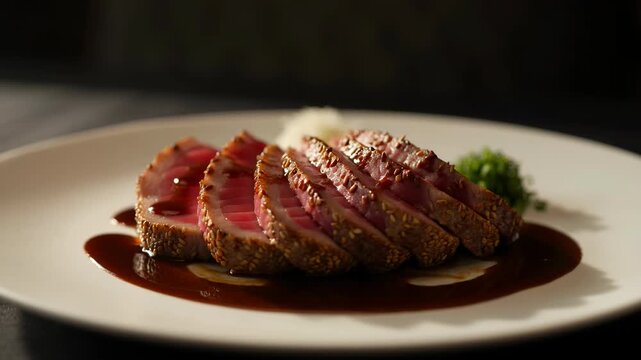 Seared Tuna Tataki with Sesame Crust and Soy Reduction Sauce on White Plate
