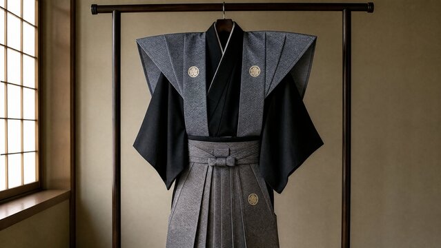 A formal Japanese kamishimo garment hanging on a hanger.