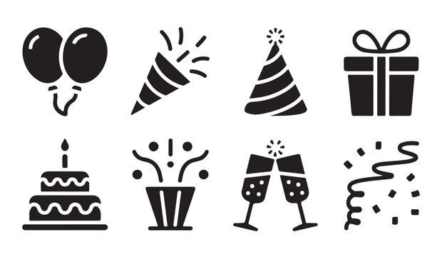 Party celebration flat icons with champagne glasses confetti balloons and tiered cake set.