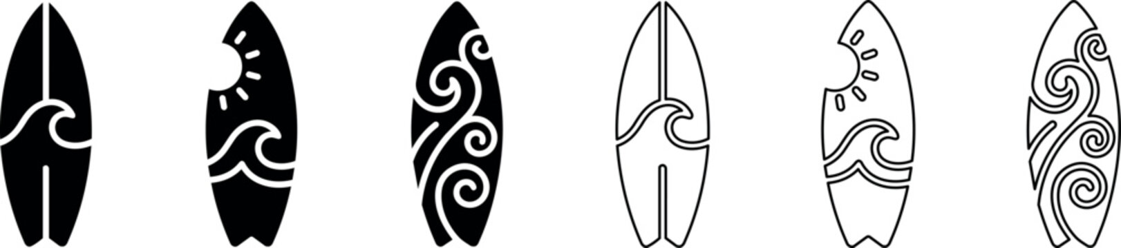 Set of six stylized surfboard icons with wave and sun designs