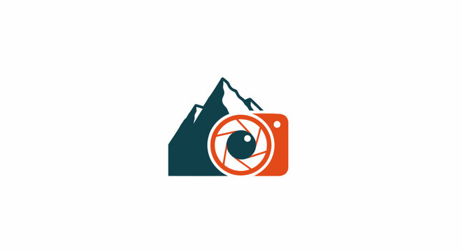 Creative logo combining mountain range and camera, ideal for photography or travel businesses