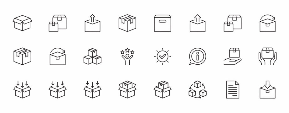 Logistics and shipping icons set featuring cardboard boxes and delivery operations