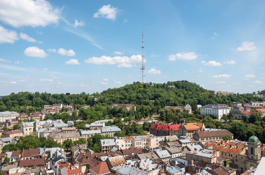 Panoramic view of Lviv old town and High Castle Park