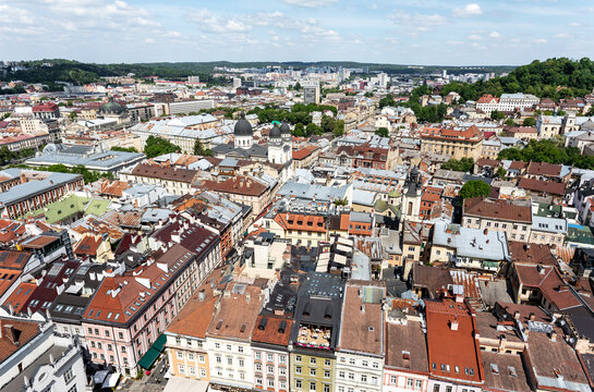 Panoramic view of the historical old city district of Lviv Ukraine