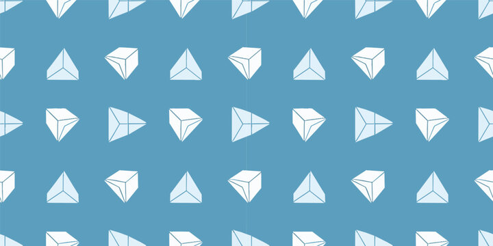Seamless geometric pattern with isometric cubes and pyramids on a blue background for wallpaper or textile design