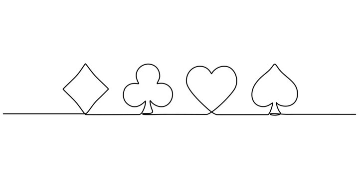 Single one line drawing set of four aces playing cards suits. Winning poker hand. Set of hearts, spades, clubs, diamonds ace. Card games. Modern continuous line draw design graphic vector illustration