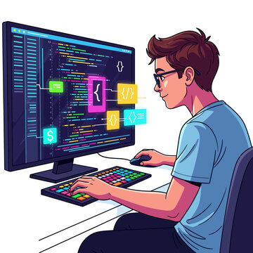 Software developer coding on computer vector illustration, young programmer working with data on screen, web development and engineering concept