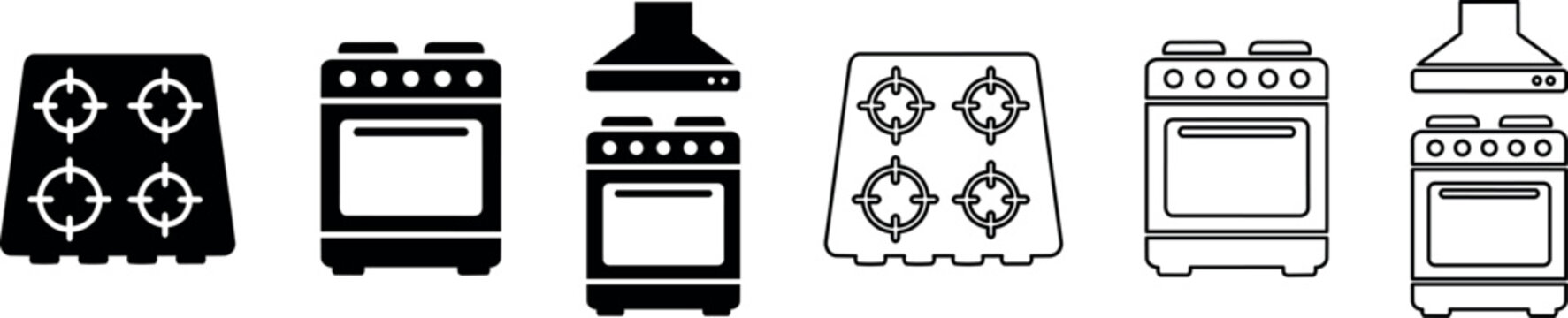 Kitchen stove and oven icons with range hood in solid and outline styles