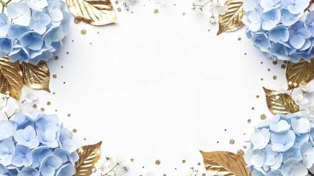 Floral frame with blue hydrangeas and gold leaves on white background