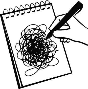Hand drawing messy tangle doodle in notebook. Black and white line art illustration of mental confusion, anxiety, stress, and psychology concept.