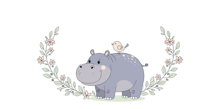 Adorable baby hippo standing with a small bird on its back within a delicate pink floral wreath garden background.