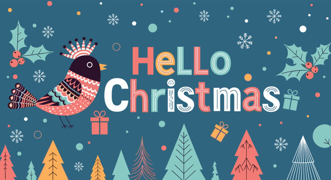 Hello Christmas greeting card featuring a patterned bird, pine trees, snowflakes, and gift boxes on a blue background in folk style.