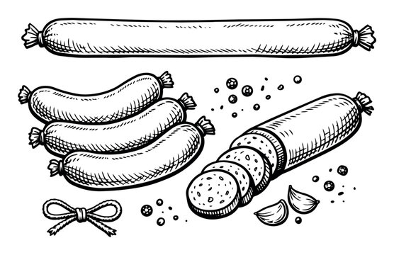 Hand drawing of different sausage and salami types, including whole and sliced pieces, accompanied by peppercorns and garlic