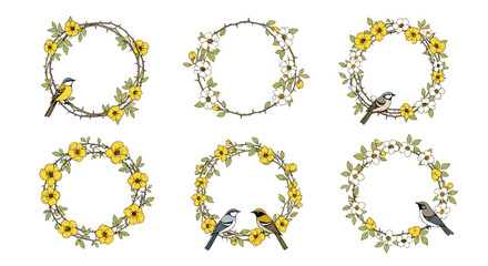 Obraz premium Collection of six delicate circular floral wreaths adorned with yellow flowers, green leaves, and colorful songbirds.