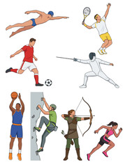 Fototapeta premium Active Women Sports and Fitness Illustration Set with Swimming, Weightlifting, Running and Healthy Lifestyle Elements