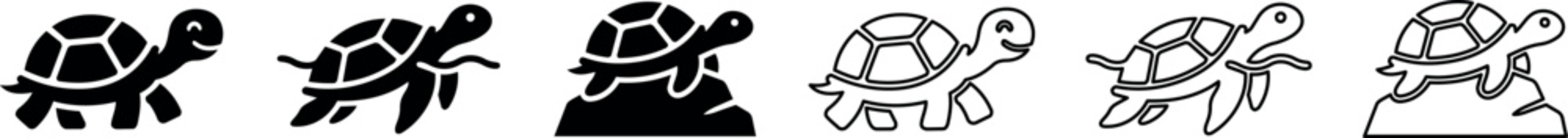 Set of six stylized turtle icons in solid and outline styles including walking and resting poses