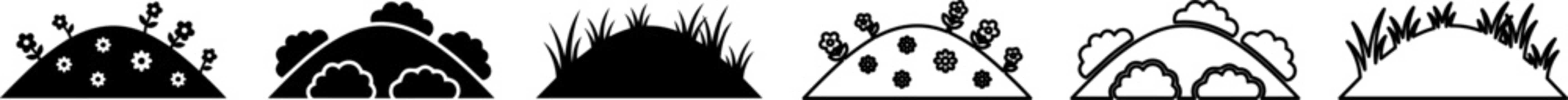 Set of six silhouette and outline grass and bush hill icons in different styles