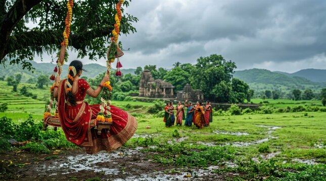 Monsoon Celebration. Woman in red lehenga on flower swing, Teej festival in Indian countryside, cultural heritage celebration and traditional monsoon ritual.