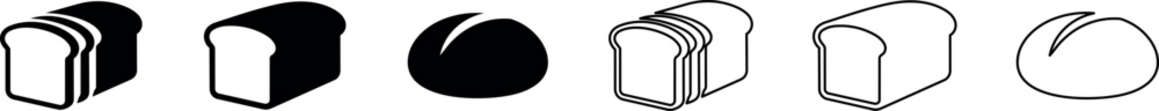 Black and white bread loaf and sliced bread icons in flat and outline style
