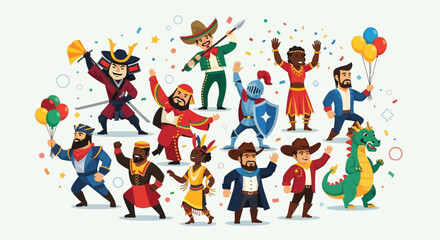 Fototapeta premium Cartoon characters celebrating a party with balloons and confetti