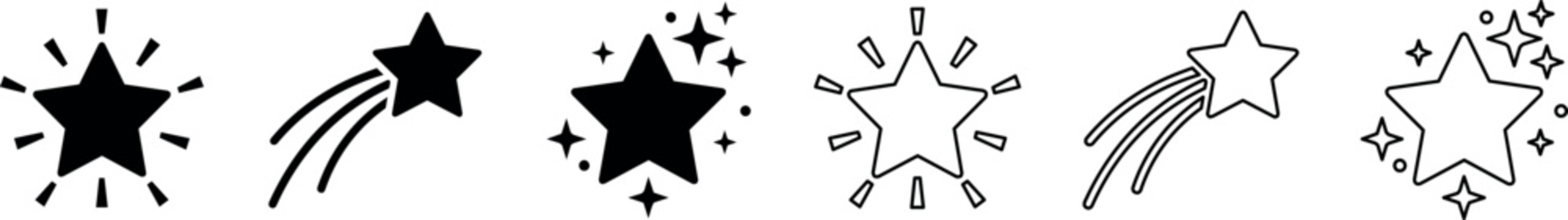 Set of six black and white stylized star icons with comet and sparkle effects