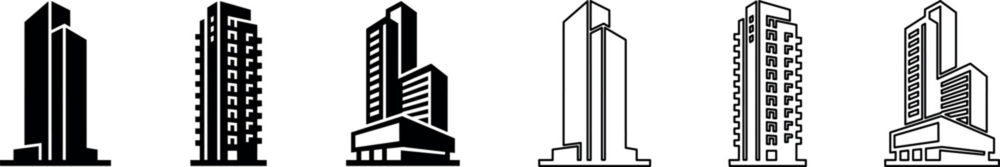 Obraz premium Modern high-rise building icons with solid and outline styles