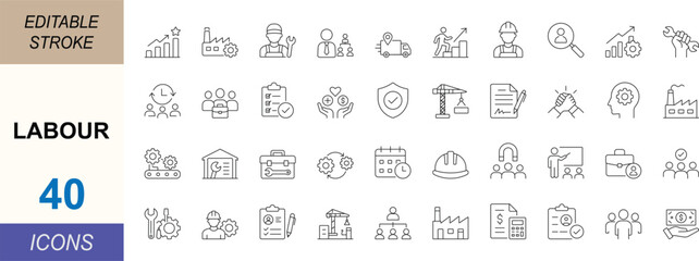 Labour line icon set. Featuring workforce, employment, safety and industrial work concepts. Clean vector set for HR, business, construction and apps. Editable stroke. © Md
