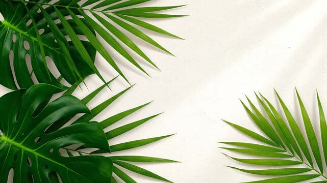 Lush tropical leaves of monstera and palm fronds frame a white background