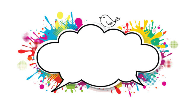Creative design featuring a large white speech bubble with a tiny bird on top and vibrant colorful paint splatters.