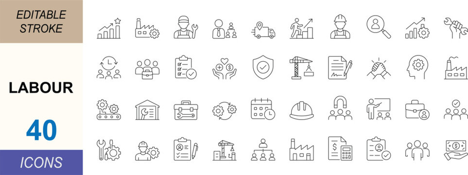 Labour line icon set. Featuring workforce, employment, safety and industrial work concepts. Clean vector set for HR, business, construction and apps. Editable stroke.