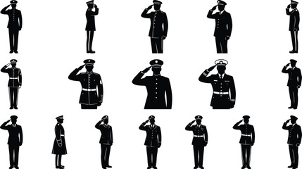 Fototapeta premium Military Salute Silhouette Vector Set Featuring Soldiers, Officers, and Police in Uniform for Patriotic and Memorial Day Designs