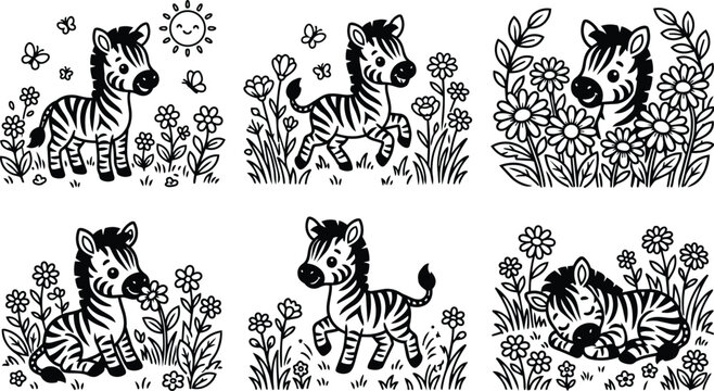 Vector zebra in a meadow with flowers scene showing playful wildlife frolic