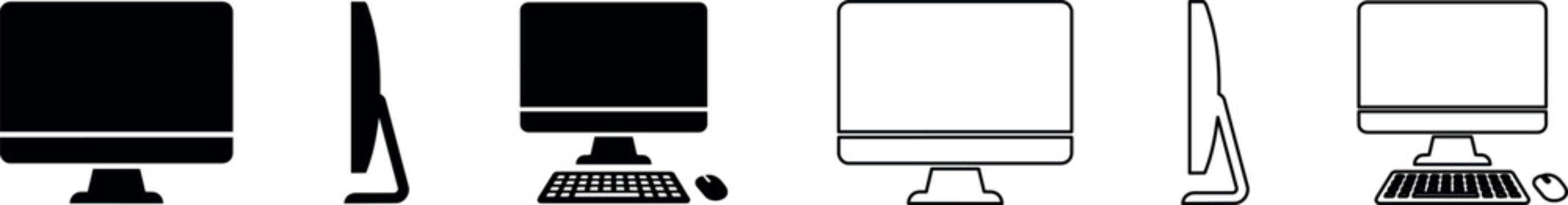 Flat and side view computer monitor icons with keyboard and mouse in solid and outline styles