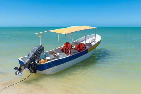 Flamingo tourboat in Gulf of Mexico, Celestun South Beach, Yucatan, Mexico.
