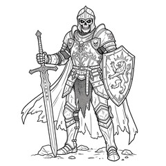 Obraz premium Skeleton Warrior in Armor Holding Sword and Shield Medieval Fantasy Outline Illustration